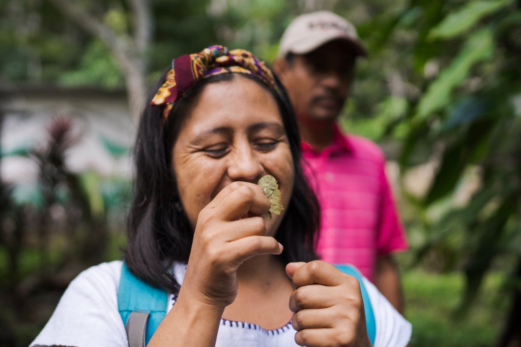 A dark haired woman smiles and holds two small brown leaves. She wears a backpack and appears to be in the jungle.