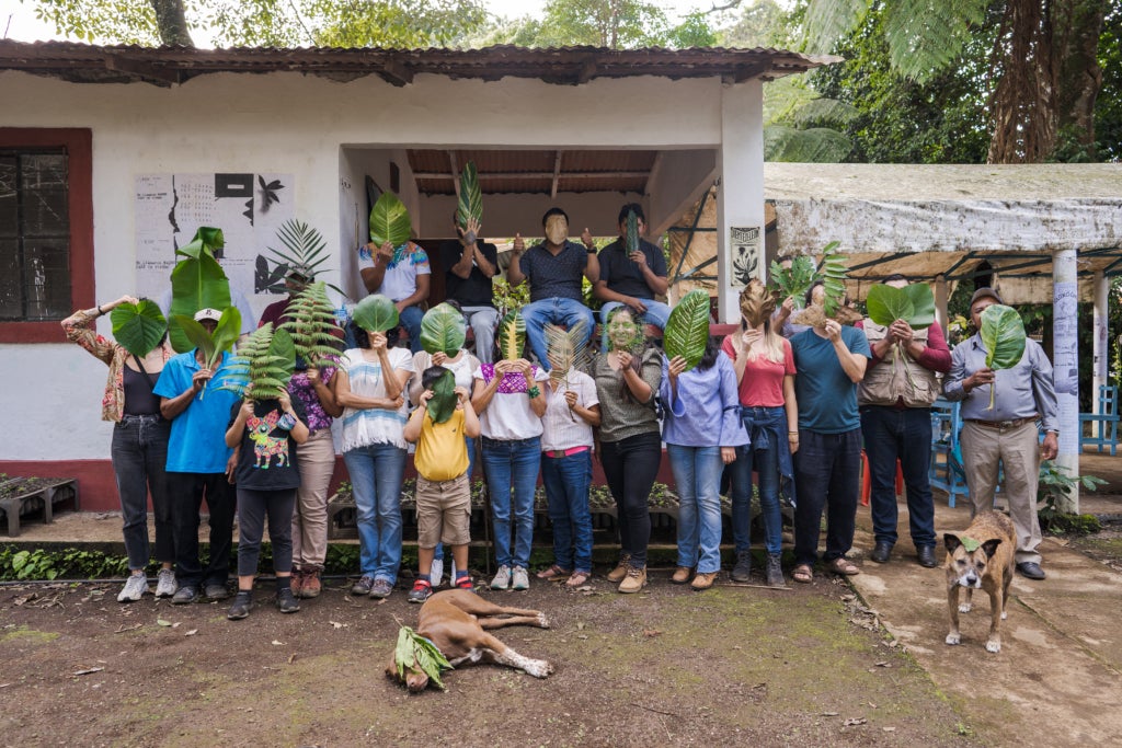 The group of participants pose, each holding a large leaf from the jungle in front of their face. Two dogs also pose with leaves on their heads in front of the people.