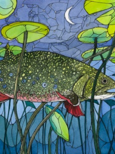 A watercolor and ink illustration of a fish in a lilypad pond at night.