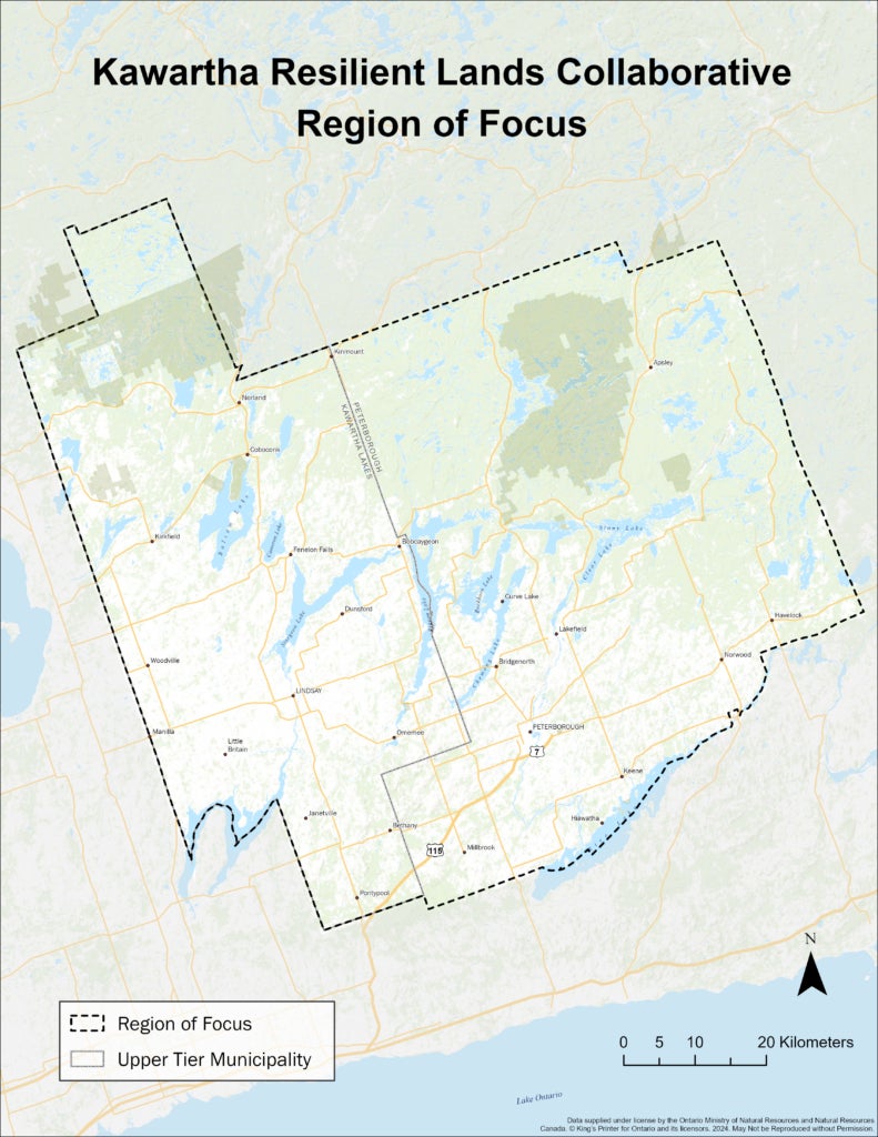 A map showing the Kawartha Resilient Lands Collaborative region of focus. 