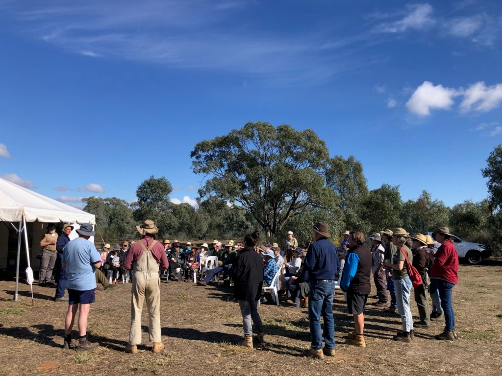 Members of Land Covenantors Victoria gather outside for a field trip to a former farm restored to its natural wetland state.