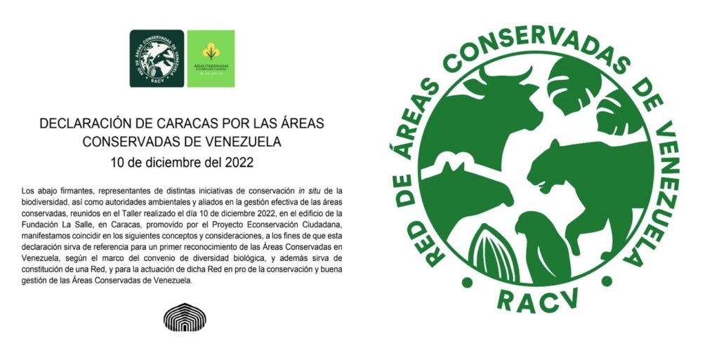 A split graphic with the left side displaying the text of Caracas Declaration for the Conserved Areas of Venezuela (2022) beneath the RACV logo and a partner logo, both small. The right side shows a larger version of the RACV logo against a white background. 