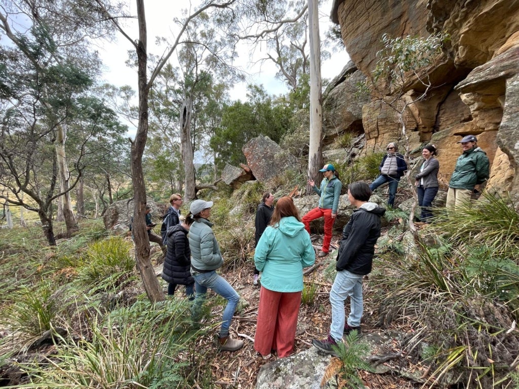 A group of people from ALCA stand dispersed across a rocky hillside as they tour the Quoin landscape.