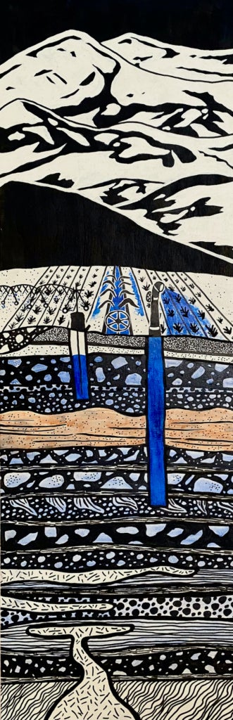 A vertical painting uses pattern and layering to show a landscape in black and white, with blue water running through it. The bottom half of the painting shows where water stands underground, while the top half shows the mountains where much of the water originates from in the form of snowmelt. 