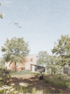A rendered image of the Red Hook Farm housing and conservation project