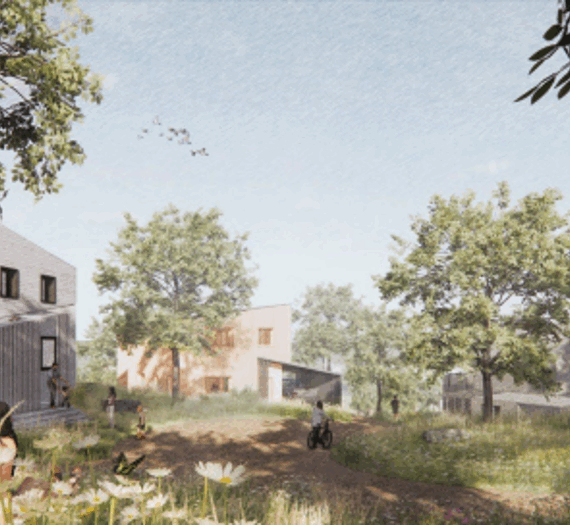 A rendered image of the Red Hook Farm housing and conservation project