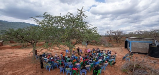 About thirty people sit in chairs under a tree.