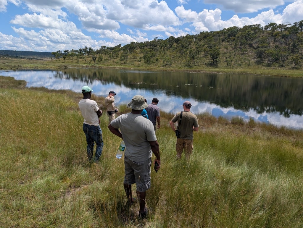 Six people stand on the grassy shore of a lake.